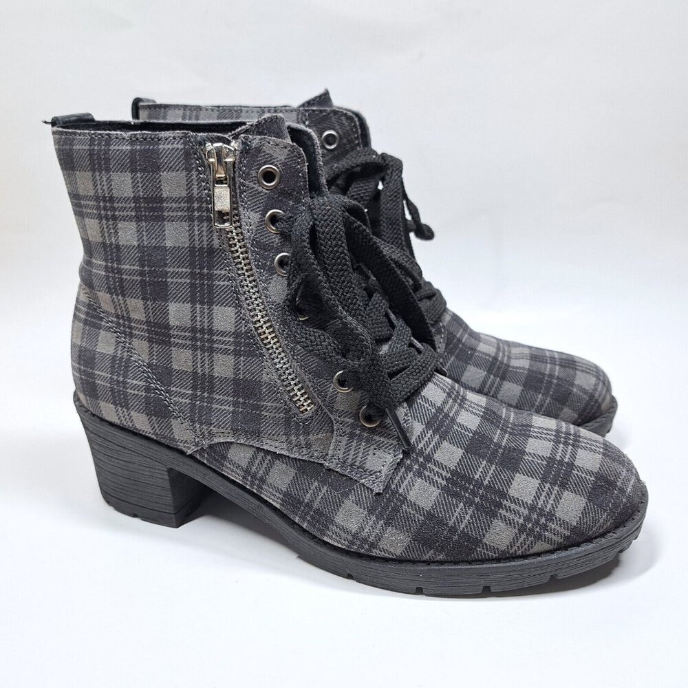 Bernie mev NYC Womens Combat Boots Plaid Gray Ankle Sz 40 9/9.5 Motorcycle Zip